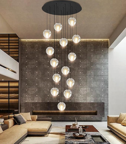 HAIXIANG 14-Lights Modern Chandelier Bubble Crystal 118" Long Lights for Living Room Entrance Foyer Sloped High Ceiling Spiral Pendant Lighting Warm Light Bulbs Black Lights