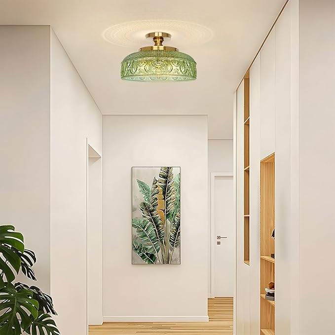 Lamomo Semi Flush Mount Ceiling Light, Upgraded Larger 12 Inch Green Hallway Light Fixture, 3 Light Globe Glass Close to Ceiling Scone, Indoor Hanging Light for Bedroom Kitchen Porch Hallway