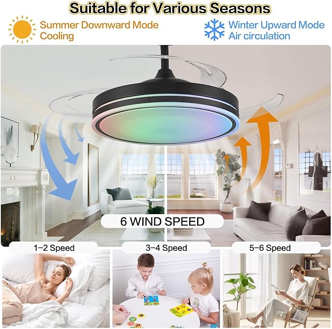 36" RGB Fandelier Light, Bluetooth Black Modern Ceiling Fan - 6 Speed Silent Reversible Blade, Remote/APP Control, Dimmable LED for Dining Living Room, Bedroom Kitchen