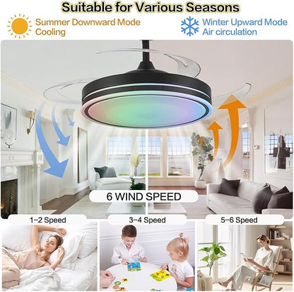 36" RGB Fandelier Light, Bluetooth Black Modern Ceiling Fan - 6 Speed Silent Reversible Blade, Remote/APP Control, Dimmable LED for Dining Living Room, Bedroom Kitchen