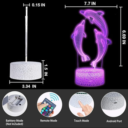 TriPro 3D Dolphin Night Light, LED Optical Illusion Lamp with 16 Colors & Remote Control, USB Touch Bedside Lamp for Kids Bedroom Decor, Ocean Animal Gift for Boys Girls Teens