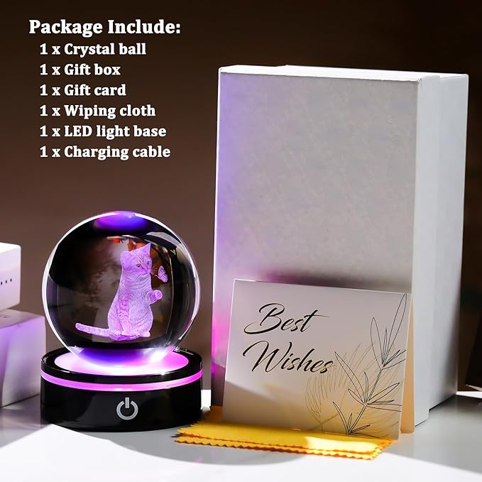 YWHL 3D Crystal Ball Cat Gifts for Women, Laser Cat and Butterfly Figurine with LED Base, Cat Ornament Glass Decorative Ball Globe Night Light (80mm)