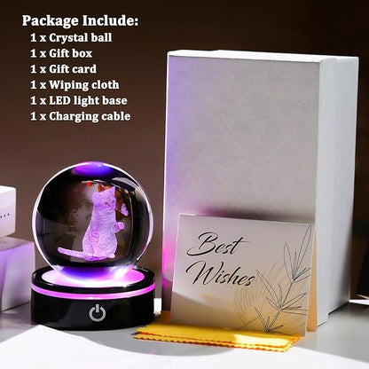YWHL 3D Crystal Ball Cat Gifts for Women, Laser Cat and Butterfly Figurine with LED Base, Cat Ornament Glass Decorative Ball Globe Night Light (80mm)