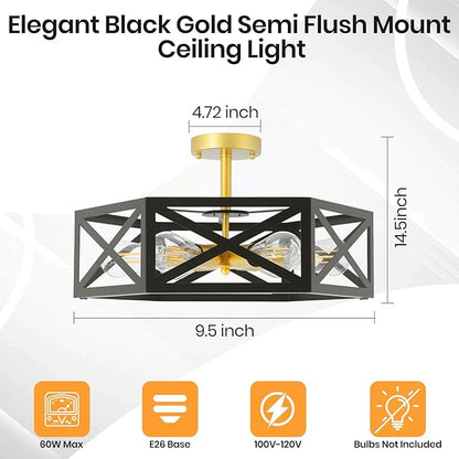 6-Light Semi Flush Mount Ceiling Light Fixture, 19.7" Gold Black Hallway Light Fixtures Ceiling Mount, Modern Close to Ceiling Lighting for Living Room Bedroom Dining Room Kitchen Entry Foyer