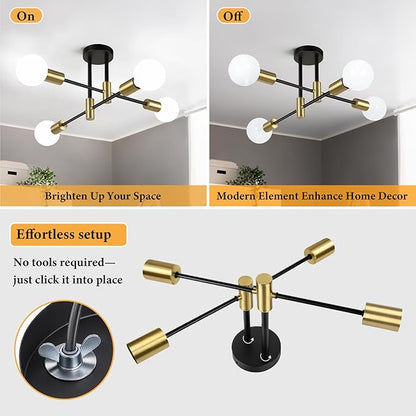 Bosceos Semi Flush Mount Ceiling Light Fixture, 4-Light Modern Black and Gold Sputnik Chandelier Industrial Ceiling Lamp for Kitchen Dining Room Living Room Bedroom Foyer
