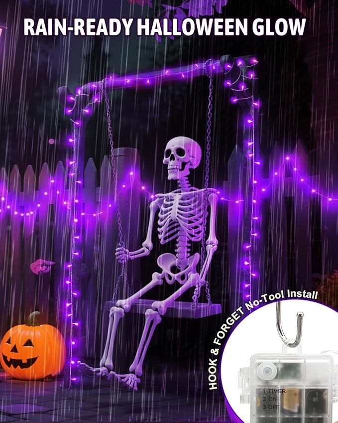 Halloween String Lights Battery Operated, Purple Lights with Timer Waterproof 16.4ft 50 LED Halloween Decorations for Outdoor Indoor Patio Party Garden Yard Decor