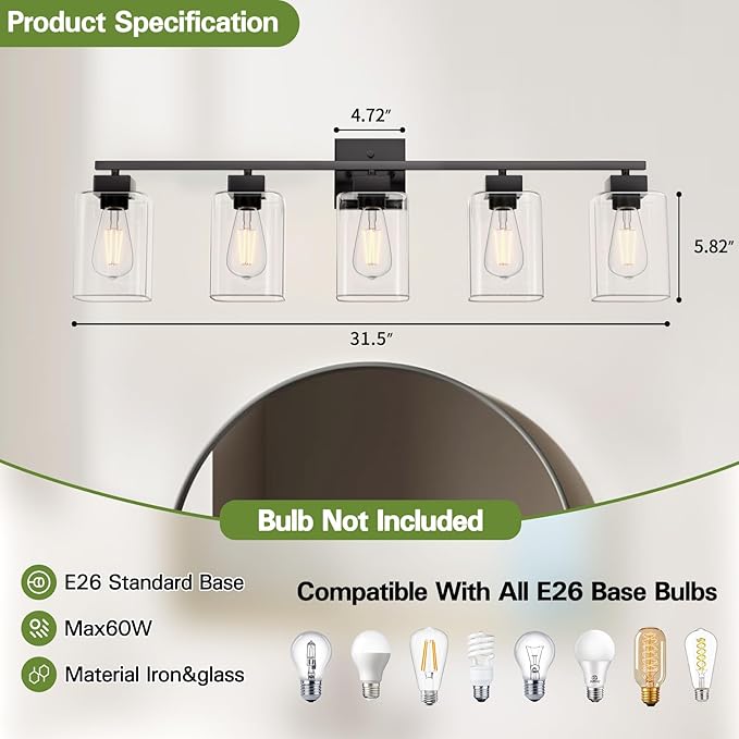 5 Light Bathroom Vanity Light - Matte Black Bathroom Light Fixtures Square Design & UL Certification, 31 Inch Black Bath Room Lighting Fixtures Over Mirror for Living Room & Bedroom & Restroom