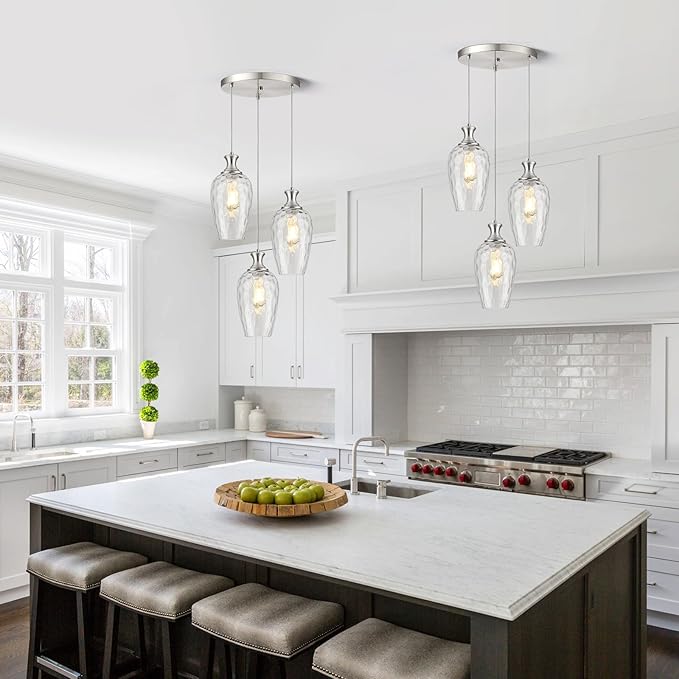3-Light Pendant Lighting, Modern Brushed Nickel Dining Room Chandelier Light Fixture Over Table with Hammered Glass, Brass Cluster Hanging Lights for Kitchen Island Dining Room Bedroom, E26