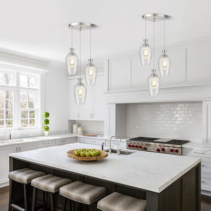 3-Light Pendant Lighting, Modern Brushed Nickel Dining Room Chandelier Light Fixture Over Table with Hammered Glass, Brass Cluster Hanging Lights for Kitchen Island Dining Room Bedroom, E26