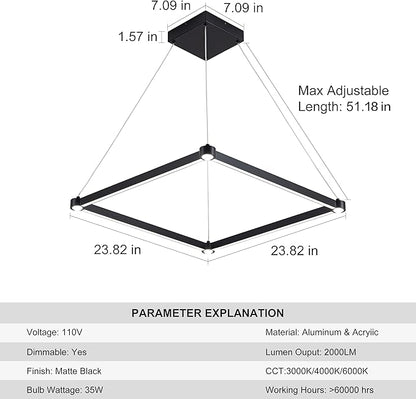 WELAKl Black Modern Square Chandelier, Square Ceiling Light Fixture, Contemporary Chandelier Pendant Light for Kitchen lsland, Dining Room, Bedroom