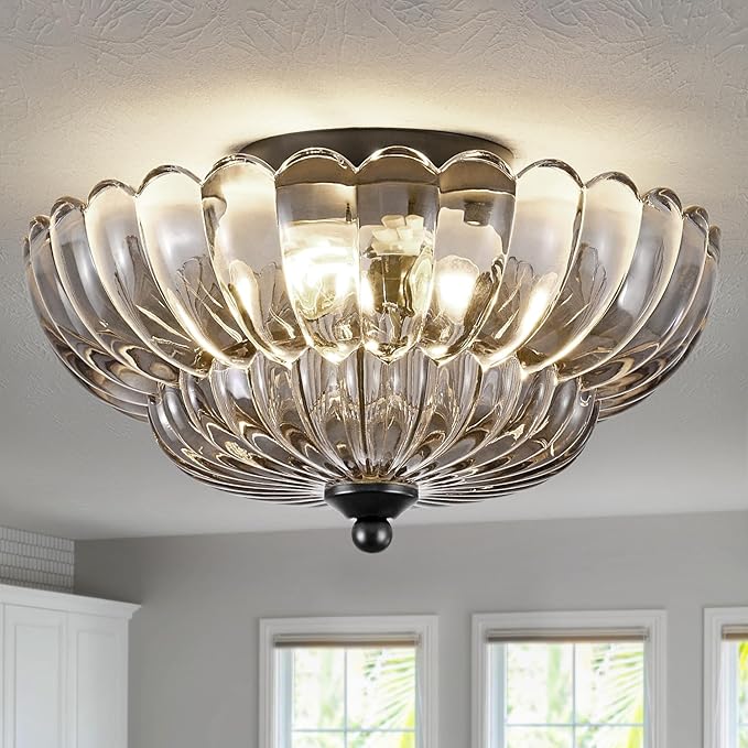 Modern Black Ceiling Light Fixture, 12" Grey Glass Flush Mount Chandeliers, Semi Flush Mount Ceiling Light Fixture Suitable for Living Room Hallway Kitchen Bedroom