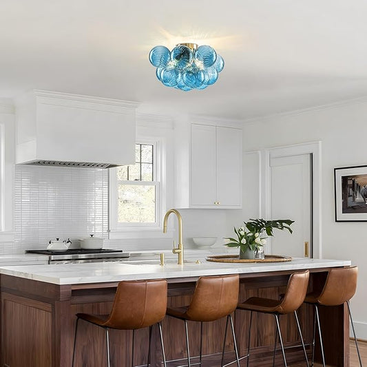 GoYeel Flush Mount Chandelier Gold, Kitchen Lights Ceiling Modern Glass Bubble Light Chandeliers 18.5" with 13 Swirled Blue Globe for Dining Room Bathroom Entryway Bedroom