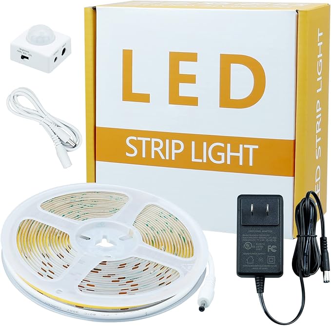 GOMING Motion Sensor COB LED Light Strip 16.4ft(5M) Cool White 6000K 3 Lighting Modes 3 Timing Off Modes 3 Brightness Modes with Power Adapter for Kitchen Cabinets Stair Showcase Bedroom Bed