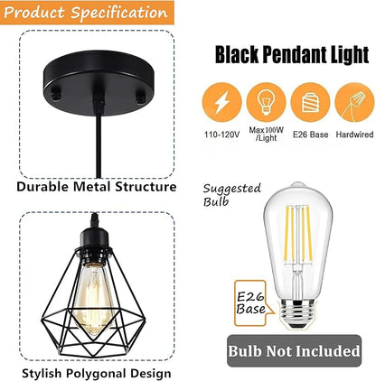 COTTAGE LIFE Black Pendant Light Fixtures 2 Pack, Farmhouse Industrial Metal Cage Pendant Lights, Adjustable Hanging Light Fixtures for Kitchen Island, Dining Room, Bar, Bedroom, Hallway