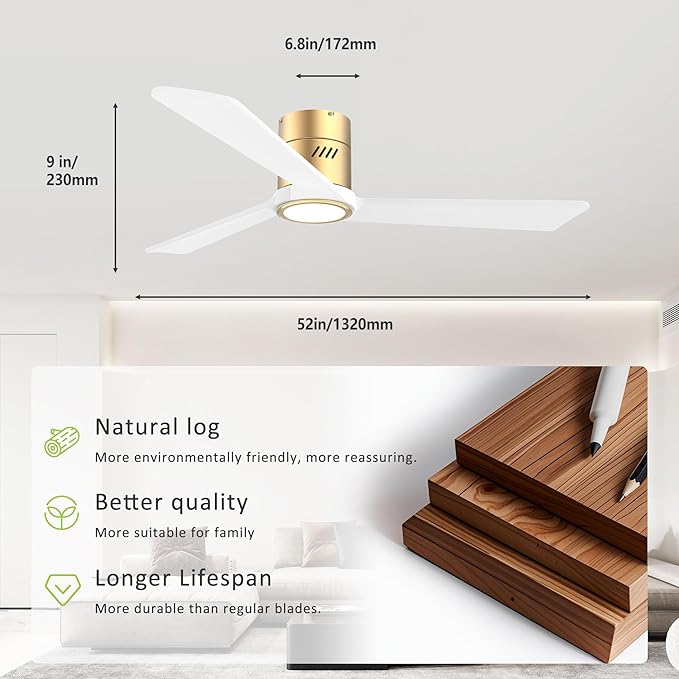 DAMINY Natural Solid Wood White and Gold 52 inch Ceiling Fan with Light,3 Blades,6CCT,Low Profile Ceiling Fan with Light and Remote Control, APP Control,Flush Mount