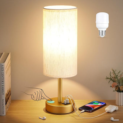 Dicoool Small Touch Bedside Lamp with USB - 3 Way Dimmable Gold Table Lamp for Bedroom, Nightstand Lamp with Gold Charging Station for Desk Dorm, Office