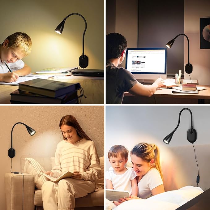 LiFMIRA Wall-Mounted LED Bedside Reading Light with USB Charging Port, 10-Level Dimmable & Adjustable 5 Color, Plug-in Adhesive Night Lamp for Books in Bed, Eye-Caring Bedroom Lighting (Black)
