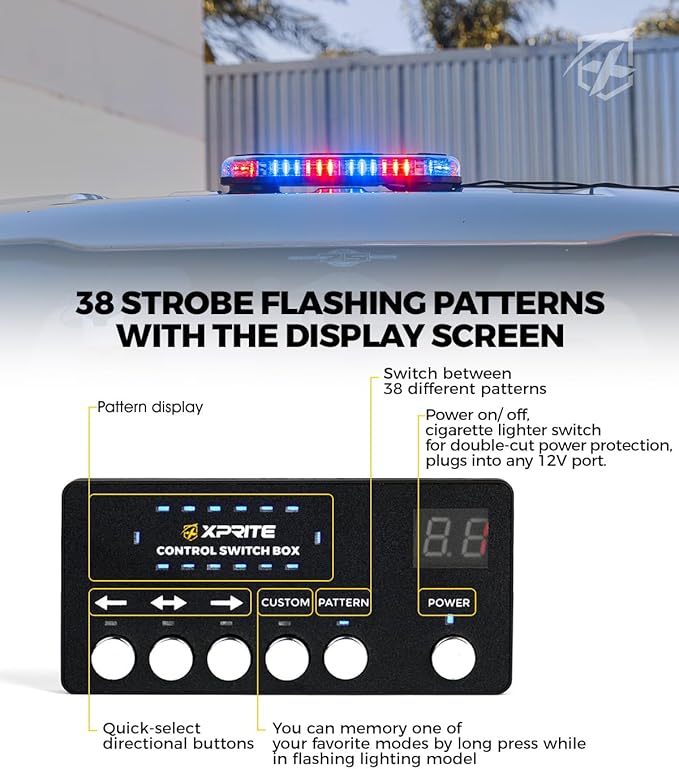 Xprite Red Blue Rooftop Emergency Strobe Light Bar, US Flag Beacon Safety Flashing Police Lights w/Control Panel Magnetic Base for Police Law Enforcement POV Vehicles Trucks