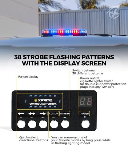 Xprite Red Blue Rooftop Emergency Strobe Light Bar, US Flag Beacon Safety Flashing Police Lights w/Control Panel Magnetic Base for Police Law Enforcement POV Vehicles Trucks