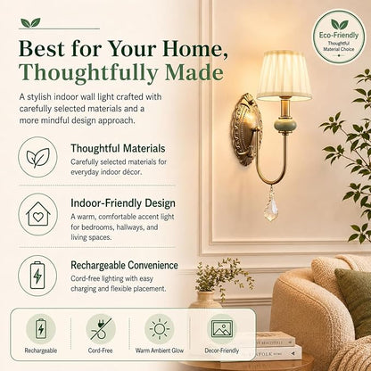 Wireless Battery Operated Antique Brass Wall Sconces Set of 2, 10000mAh Rechargeable Gold Crystal Vintage Fabric Shade Wall Lights with Bulbs & Remotes, RGB Dimmable for Living Room Bedroom Hallway