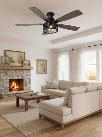52 Inch Farmhouse Ceiling Fan with Lights Remote Modern Caged Chandelier Fan Rustic Fandelier, 5 Dual Blades, Reversible Quiet DC Motor 6 Speeds for Bedroom Patio (Metal Cage)