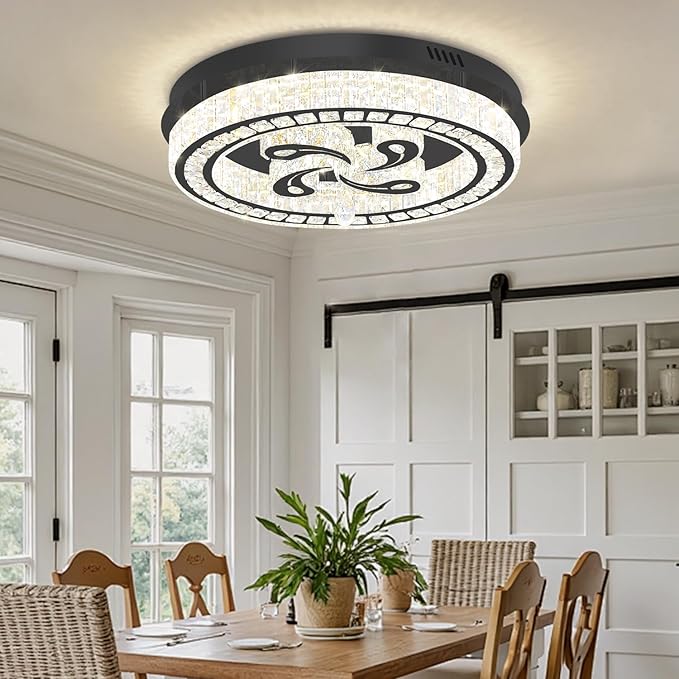 24'' Black Modern Crystal Chandelier LED Dimmable Flush Mount Crystal Ceiling Light for Living Room Bedroom Dining Room