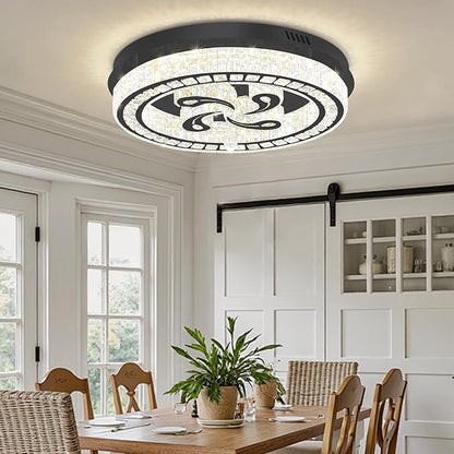24'' Black Modern Crystal Chandelier LED Dimmable Flush Mount Crystal Ceiling Light for Living Room Bedroom Dining Room