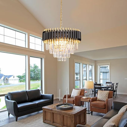 FRIXCHUR 20" Modern Crystal Chandelier 4 Tiers Black and Gold Chandelier Pendant Light 53" Long Chandeliers for Entryway Dining Room Living Room Hallway Foyer E12*7 (Exclud Bulbs)