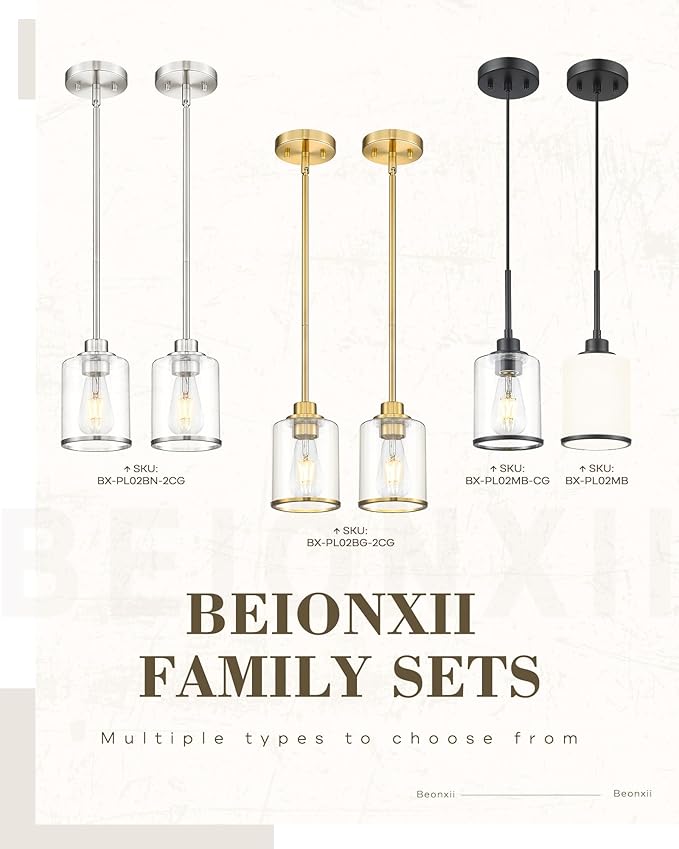 Beionxii Brushed Nickel Pendant Lights Kitchen Island 2 Pack, Hanging Lights Fixtures with Clear Glass, Kitchen Pendant Lighting Over Island, Hanging Lights for Sink Dining Room Entryway BX-PL02BN-2CG