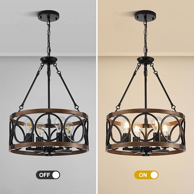 16'' Farmhouse Chandelier, 4-Light Walnut Wood Grain Dining Room Light Fixture Over Table, Rustic Industrial Drum Hanging Pendant Lights Fixture for Kitchen Island Bedroom Hallway Foyer Entryway