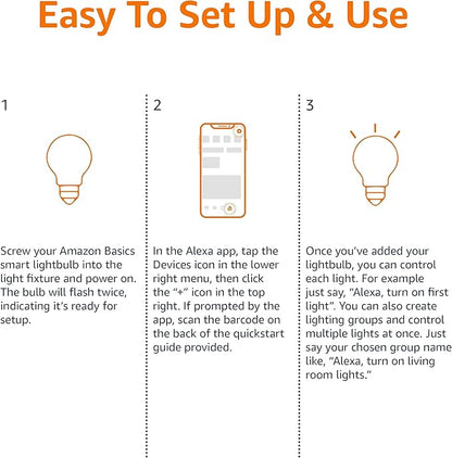 Amazon Basics Smart A19 LED Light Bulb, Dimmable Soft White (2700K), 9W (60W Equivalent), 800LM, Energy Efficient, Works with Alexa Only, 2.4 GHz Wi-Fi, No Hub Required, 4-Pack