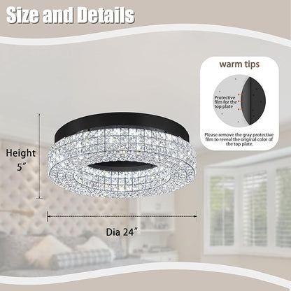 ykolupty 24" Crystal Chandeliers,Round Chandelier for Living Room Modern Ceiling Light Fixture Lamp for Foyer Bedrooms Dining Room Hallway (Black Chandelier)