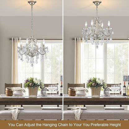 Crystal Chandelier Light Fixture, Modern K9 Crystal Chandeliers for Dining Room 4-Lights Nickel Pendant Ceiling Light Fixture for Entryway Kitchen Island Bathroom Bedroom Living Room, H 21" x W 17.7"