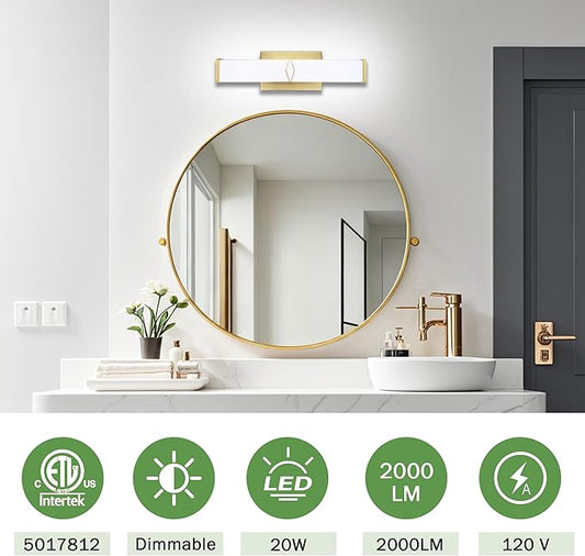 16 Inch Bathroom Vanity Light 2000LM, 5700K Daylight White Modern Bathroom Light Dimmable, AC 120V 20W Gold LED Vanity Lighting Fixtures Wall Sconce ETL Certified, 2Pack