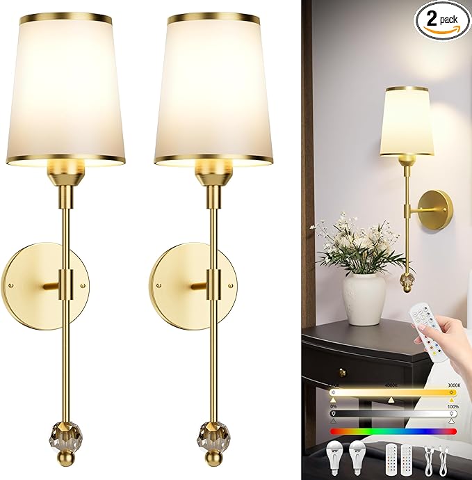 PAIHOME Gold Wall Sconces Set of Two, Wireless Battery Operated Wall Sconces with 5000mAh Dimmable 15 Colors Bulb and Remote, Rechargeable Wall Sconce for Bedroom Living Room Bathroom Hallway
