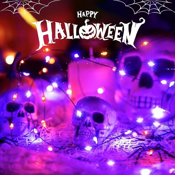 Halloween Solar Fairy Lights Outdoor Waterproof Copper Wire Orange Purple String Lights 2 Pack 33FT 100LED for Christmas Party Decoration Easter Wedding Terrace Yard Tree Garden Patio
