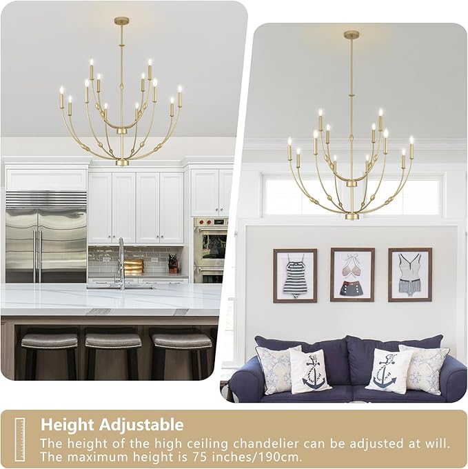 35" Large Chandeliers for Dining Room, Modern Gold 12-Lights Candle Style 2-Tiers Hanging Light Fixture for High Ceiling Living Room Foyer Staircase