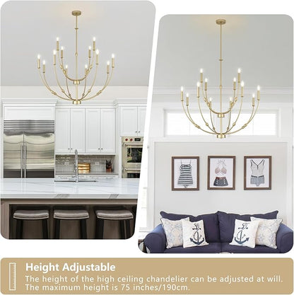 35" Large Chandeliers for Dining Room, Modern Gold 12-Lights Candle Style 2-Tiers Hanging Light Fixture for High Ceiling Living Room Foyer Staircase