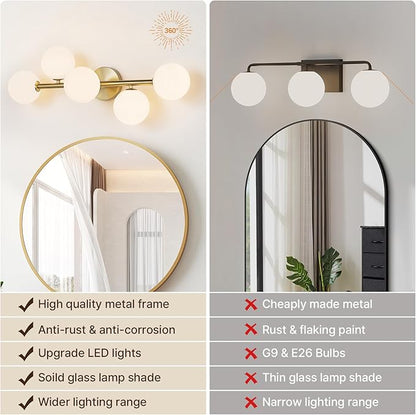 Bathroom Light Fixtures, Brushed Gold Bathroom Vanity Light Over Mirror with Milk White Glass Shades, Dimmable LED Wall Sconces for Hallway, Entryway, Living Room, Bedside, Staircase