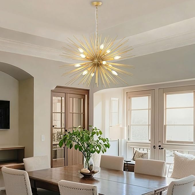 Modern 33.8in Gold Sputnik Chandeliers 12-Light Mid-Century Starburst Chandelier Light Fixture Solid Metal Satellite Large Chandelier for High Ceiling Dining Room Living Room Foyer E12