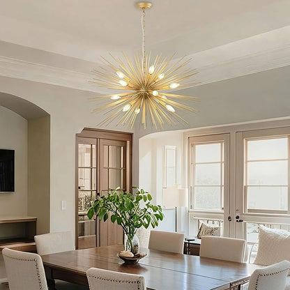 Modern 33.8in Gold Sputnik Chandeliers 12-Light Mid-Century Starburst Chandelier Light Fixture Solid Metal Satellite Large Chandelier for High Ceiling Dining Room Living Room Foyer E12