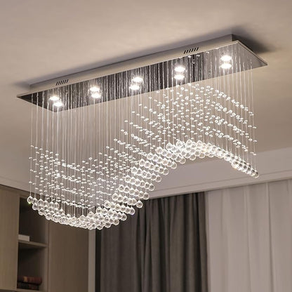 Siljoy Modern Wave Crystal Chandelier for Dining Room 10 Lights Luxury Rectangular Flush Mount Crystal Ceiling Light for Living Room Kitchen Island Length 40 Inch