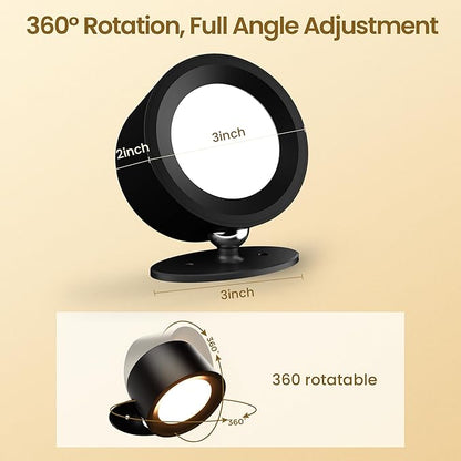 Wall Mounted Lamp LED Wall Lights with Rechargeable Battery Operated, 3 Color Temperatures & 3 Brightness Levels 360°Rotate Magnetic Ball, Cordless Sconces for Reading Bedroom Bedside,Black-2 Pack