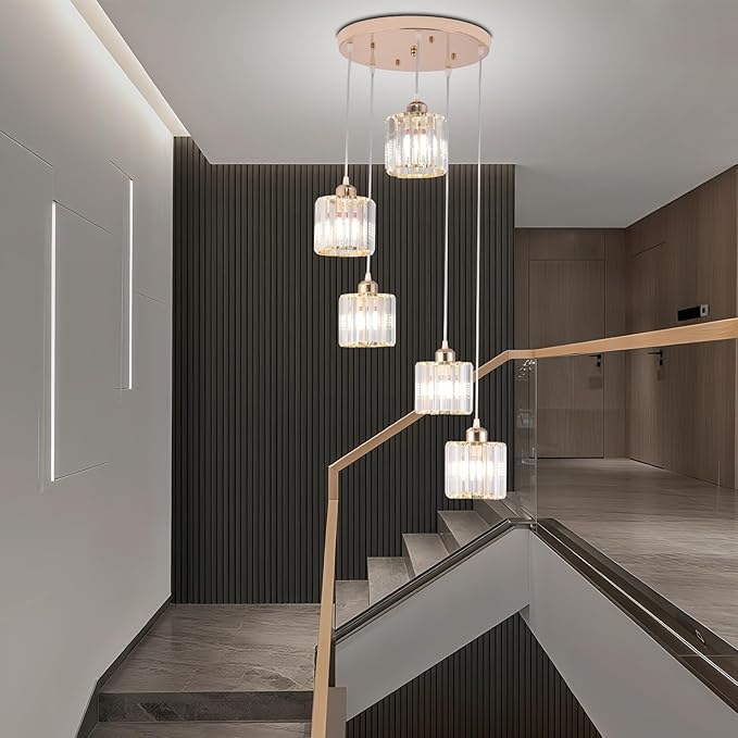 Crystal Pendant Lights Chandeliers for High Ceilings Modern Crystal Chandeliers Hanging Light Fixture Raindrop Drop Lamp for Dining Room Foyer Living Room Entryway Gold 5 Lights
