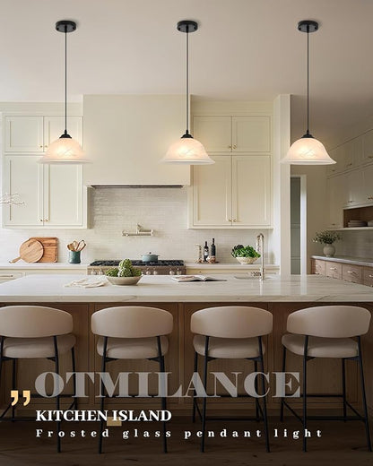 Black Pendant Lights Kitchen Island 2 Pack, 11.8 Inch White Glass Pendant Light with Frosted, Alabaster Island Pendant Lights, Vintage Farmhouse Pendant Lights for Dining Room, Bar, Cafe