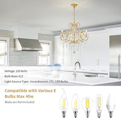 Crystal Chandelier, 5-Light Gold Chandelier for Dining Room Light Fixture, K9 Crystal Pendant Ceiling Light Fixture, Modern Candle Chandelier for Living Room Kitchen Island Entryway Bedroom