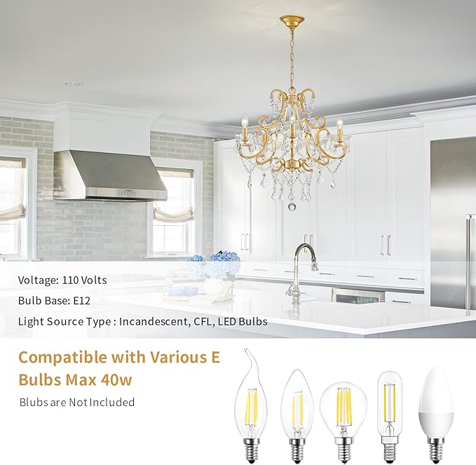 Crystal Chandelier, Golden Crystal Lighting,5-Light Modern Chandelier for Living Room Kitchen Island Entryway Bedroom