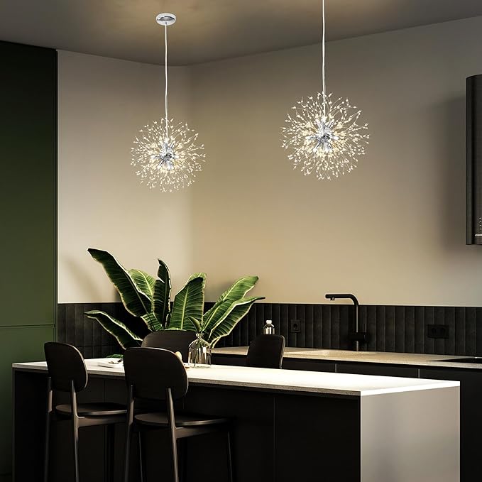Modern Dandelion Firework Chandelier, Chrome Bathroom Chandelier, Crystal Hanging Pendant Lighting Fixture for Dining Room, Bedroom, Entryway, Foyer, 9-Light