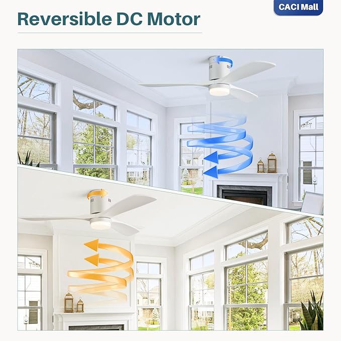 CACI Mall 52” Smart Low Profile Ceiling Fans with Lights Remote, White, 3 Wood Blades, Modern, Compatible with Alexa/Google/App, for Bedroom/Farmhouse/Patio