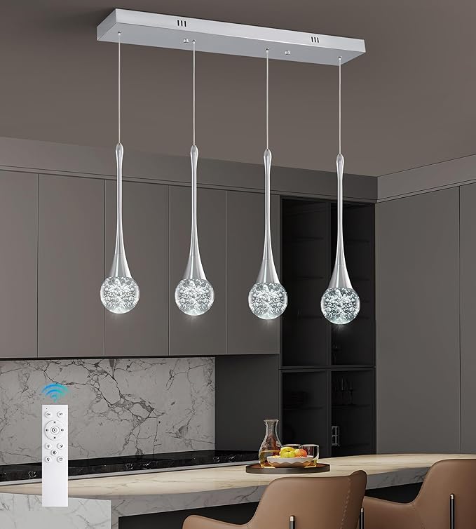Modern Chrome Crystal Chandelier for Kitchen Island 4-Lights, Luxury Retangular Dimmable LED Bubble Raindrop Pendant Lighting Fixture for Dining Room Foyer Entryway Bedroom